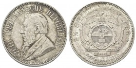 SUD AFRICA
Repubblica. 
2 e 1/2 Shillings 1896. 
Ag, gr. 14,10
Dr. Busto a s.
Rv. Stemma nazionale con indicazione di valore e data.
KM#7.
 SPL