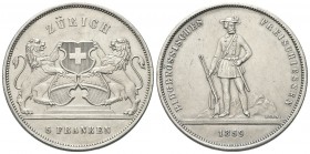 SVIZZERA
Tiri federali.
5 Franchi 1859 Zurigo.
Ag, gr. 24,76
Dr. Soldato con moschetto.
Rv. Scudo elvetico tra due leoni rampanti.
KM# XS5.
 SP...