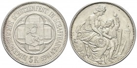 SVIZZERA
Tiri federali.
5 Franchi 1865 Schaffausen.
Ag, gr.24,95
Dr. Stemma entro cornice quadrilobata.
Rv. Elvezia seduta verso d., con corona e...