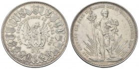 SVIZZERA
Tiri federali.
5 Franchi 1879 Basilea.
Ag, gr. 24,87
Dr. Stemma della città attorniato da scudi.
Rv. Guerriero stante con lunga spada.
...