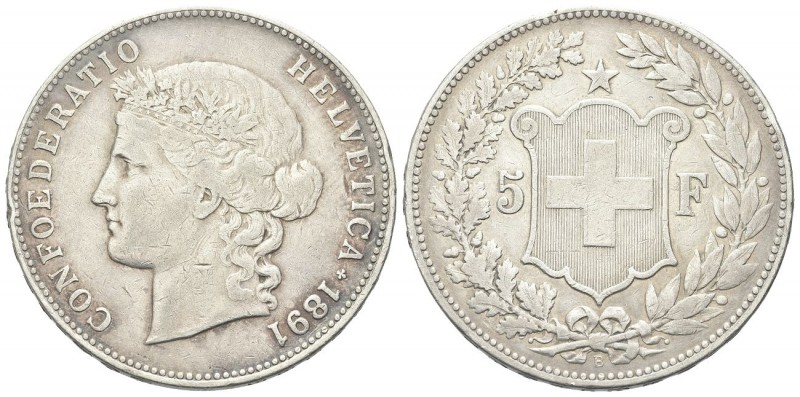 SVIZZERA
Confederazione Elvetica, dal 1848.
5 Franchi 1891 Berna.
Ag, gr. 24,...