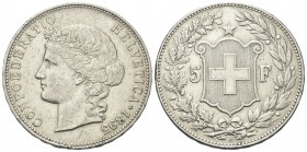 SVIZZERA
Confederazione Elvetica, dal 1848.
5 Franchi 1895 Berna.
Ag, gr. 24,91
Dr. Testa muliebre a s.
Rv. Stemma con Croce svizzera; ai lati, v...