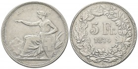 SVIZZERA
Confederazione Elvetica, dal 1848.
5 Franchi 1874.
Ag, gr. 24,74 
Dr. L’Elvezia seduta verso s.
Rv. Valore e data entro corona.
KM#11
...