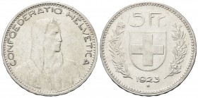 SVIZZERA
Confederazione Elvetica, dal 1848.
5 Franchi 1923, Berna.
Ag, gr. 24,94
Dr. Profilo maschile (Guglielmo Tell ?) a s., con cappuccio.
Rv....