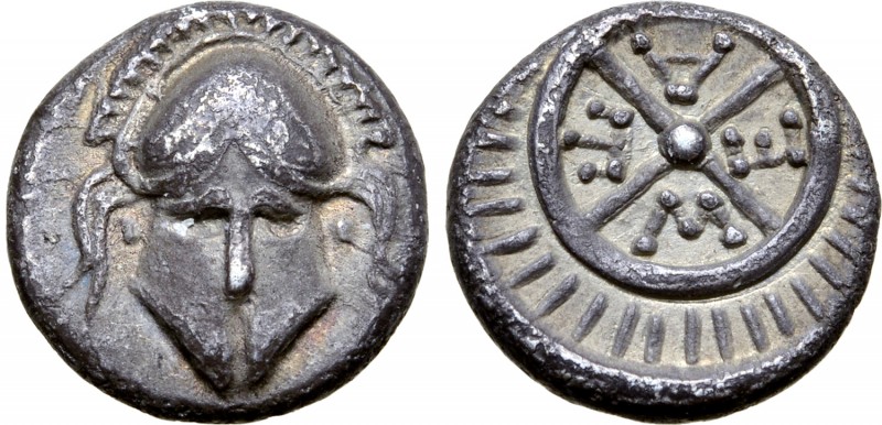 Thrace, Mesembria AR Diobol. 4th century BC. Crested Corinthian helmet facing / ...