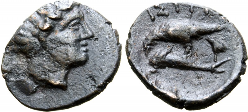 Moesia, Istros Æ17. Late 4th-early 3rd centuries BC. Laureate head of Apollo(?) ...