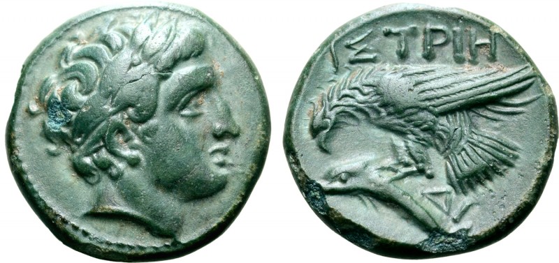 Moesia, Istros Æ17. Late 4th-early 3rd centuries BC. Laureate head of Apollo rig...