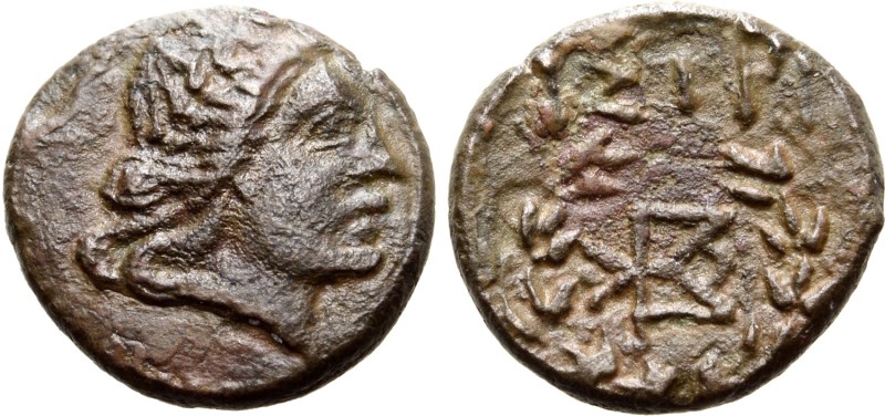 Moesia, Istros Æ13. Circa 120-100 BC. Laureate head of Apollo right / ΙΣΤΡΙ abov...