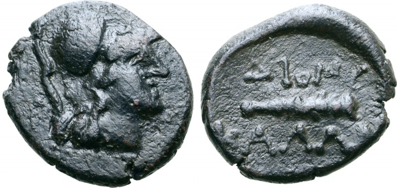 Moesia, Kallatis Æ15. Epimeletes Diony-, 3rd-2nd centuries BC. Head of Athena ri...