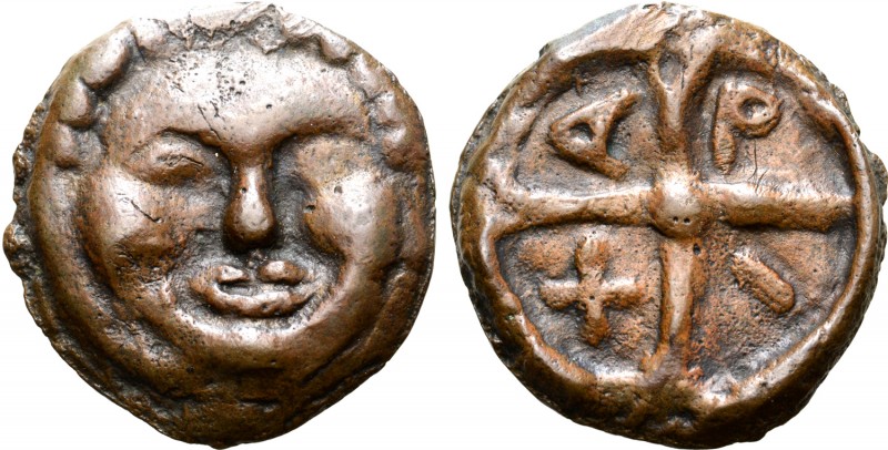 Skythia, Olbia cast Æ30. Circa 5th-4th centuries BC. Facing gorgoneion / Wheel w...