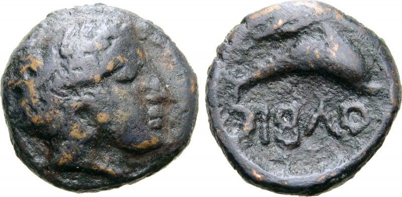 Skythia, Olbia Æ10. Circa 350-300 BC. Laureate head of Apollo right / ΟΛΒΙΟ retr...