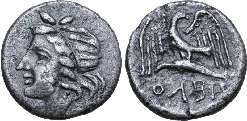 Skythia, Olbia AR Didrachm. Circa 330-320 BC. Wreathed head of Demeter left / ΟΛ...
