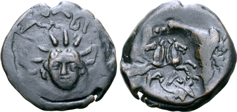 Skythia, Olbia Æ23. 3rd-2nd centuries BC. Radiate head of Helios facing; OΛBI of...
