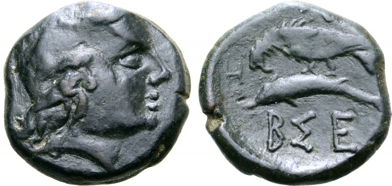 Skythia, Olbia Æ23. Circa 190-180 BC. Wreathed head of Demeter right / [OΛBIO] a...