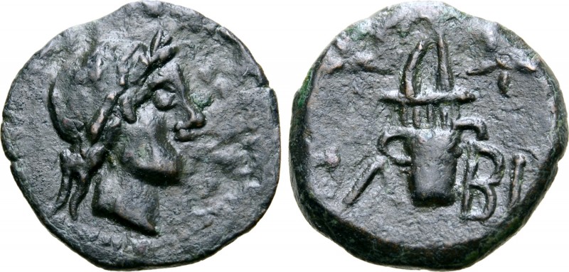 Skythia, Olbia Æ13. Circa 130-120 BC. Laureate head of Apollo right / OΛ-BI left...