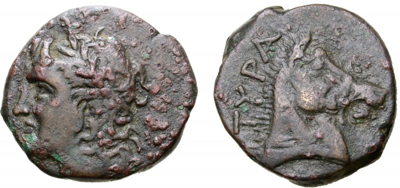Skythia, Tyras Æ24. Circa 350-300 BC. Head of river god Tyras left / Head of bri...