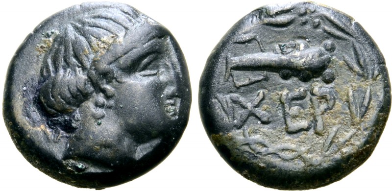 Tauric Chersonesos, Chersonesos Æ13. Circa 375-350 BC. Laureate head of Artemis ...