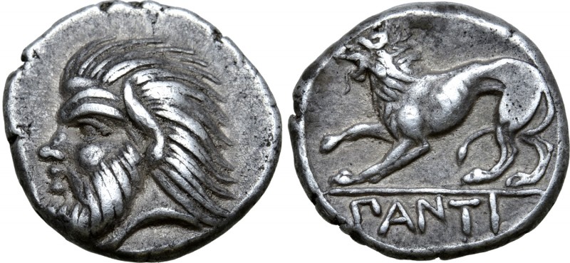 Kimmerian Bosporos, Pantikapaion AR Hemidrachm. Circa 380-370 BC. Head of bearde...