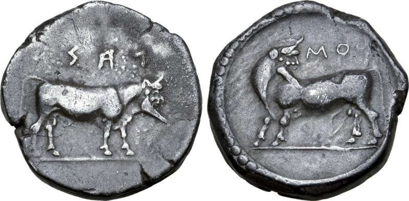 Lucania, Laos AR Stater. Circa 480-460 BC. Man-headed bull standing to right, ΛA...