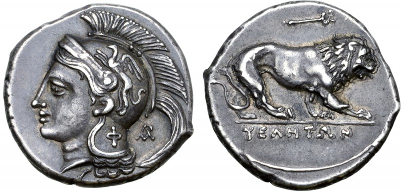 Lucania, Velia AR Didrachm. Circa 280 BC. Head of Athena left, wearing a crested...