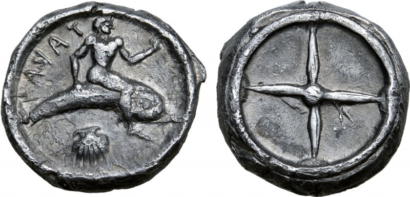 Calabria, Tarentum AR Nomos. Circa 480-470 BC. Taras astride dolphin to right; s...