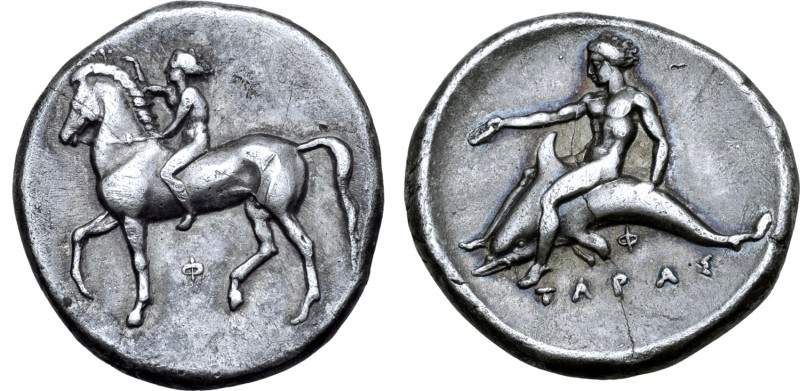 Calabria, Tarentum AR Nomos. Circa 355-350 BC. Nude youth on horseback to left, ...