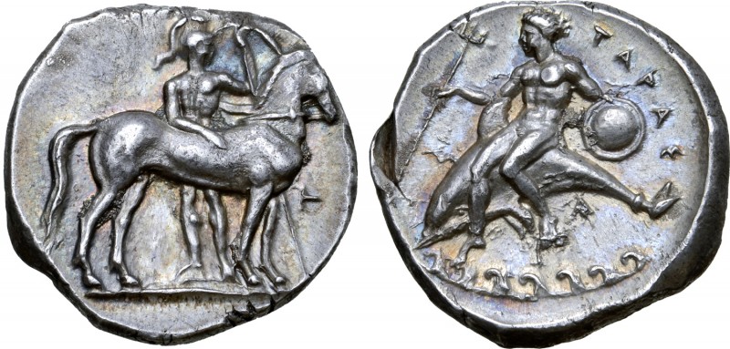 Calabria, Tarentum AR Nomos. Circa 344-340 BC. A-, magistrate(?). Warrior, nude ...