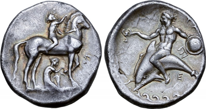 Calabria, Tarentum AR Nomos. Circa 340-335 BC. Nude youth on horseback to right,...