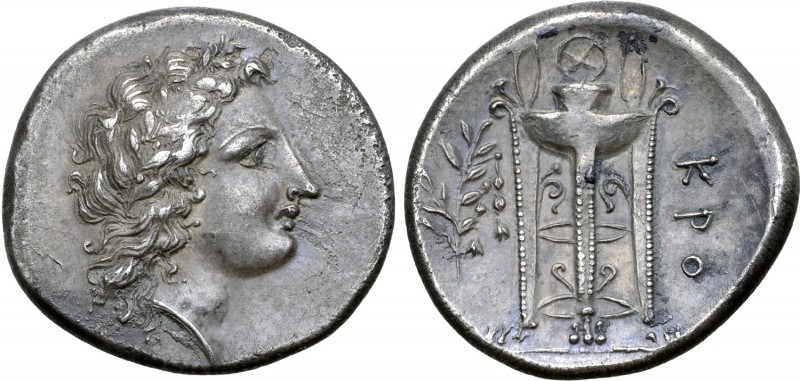 Bruttium, Kroton AR Stater. Circa 350-300 BC. Laureate head of Apollo to right, ...