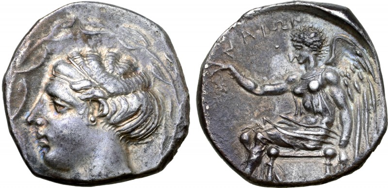 Bruttium, Terina AR Stater. Circa 445-425 BC. Head of the nymph Terina left, wea...