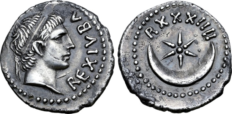 Kingdom of Mauretania, Juba II AR Denarius. Caesarea, dated RY 34 = AD 9/10. REX...