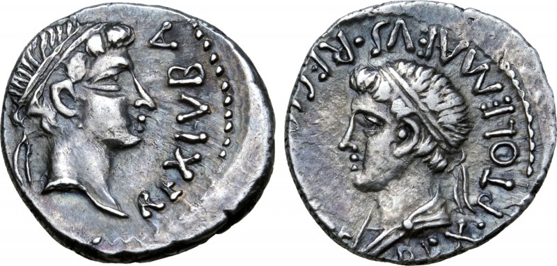 Kingdom of Mauretania, Juba II, with Ptolemy, AR Denarius. Caesarea, circa AD 20...