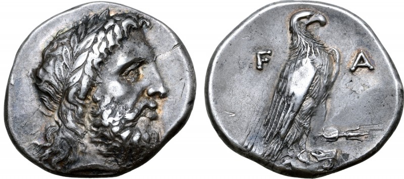 Elis, Olympia AR Stater. 108th Olympiad. Zeus mint, 348 BC. Laureate head of Zeu...