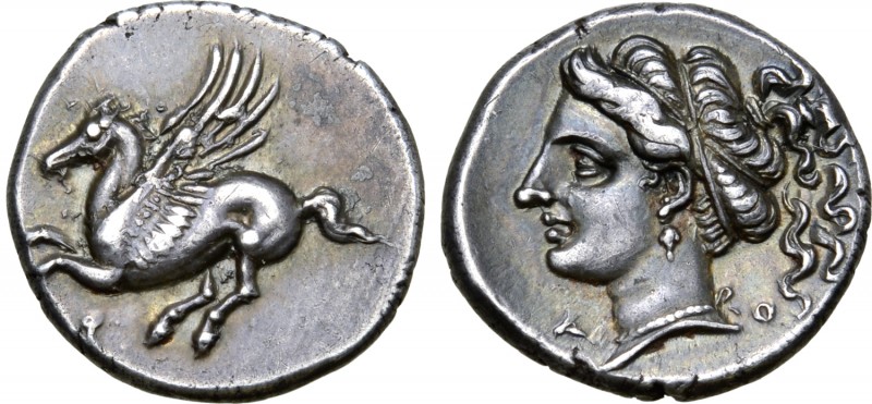 Corinthia, Corinth AR Drachm. Circa 308-307 BC. Pegasos flying left; Ϙ below / H...