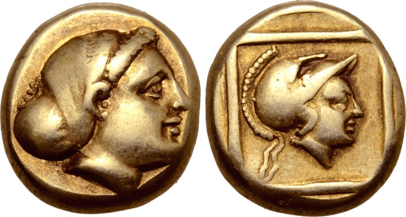 Lesbos, Mytilene EL Hekte. Circa 377-326 BC. Female head right, wearing sakkos /...