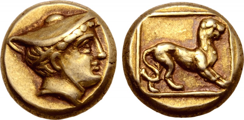 Lesbos, Mytilene EL Hekte. Circa 375-326 BC. Head of Hermes right, wearing petas...