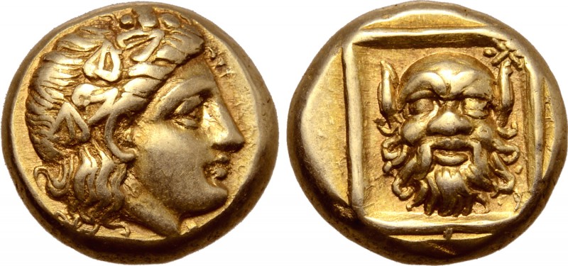 Lesbos, Mytilene EL Hekte. Circa 375-325 BC. Head of Dionysos right, wearing ivy...