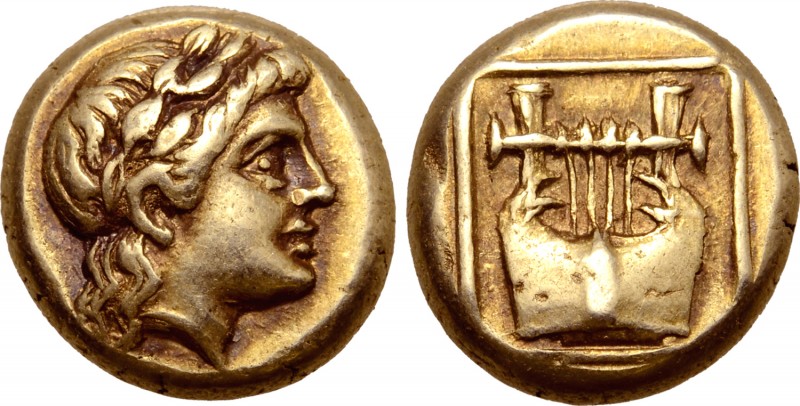 Lesbos, Mytilene EL Hekte. Circa 377-326 BC. Laureate head of Apollo right / Lyr...