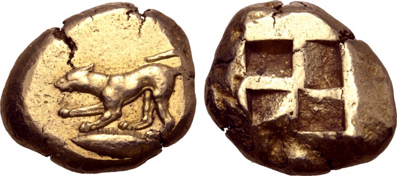 Mysia, Kyzikos EL Stater. Circa 500-450 BC. Dog standing left, fore-paw raised; ...