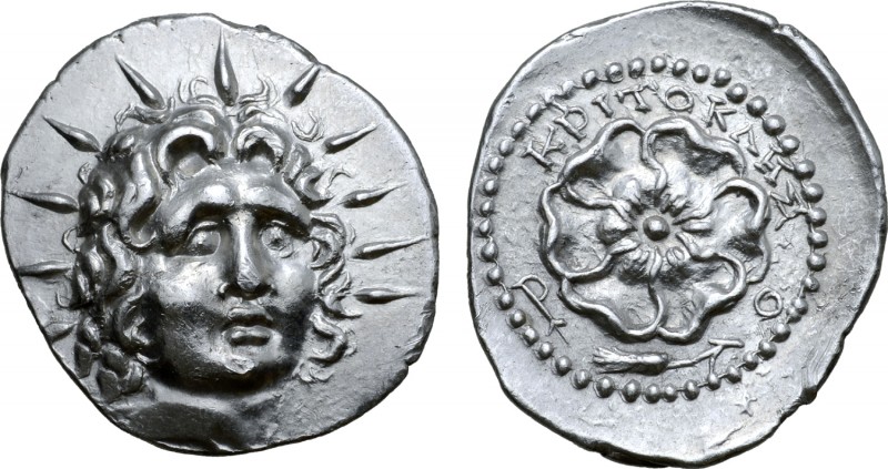 Rhodes, Rhodos AR Drachm. Circa 88/42 BC-AD 14. Kritokles, magistrate. Radiate h...