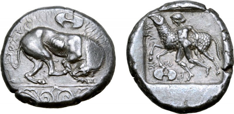 Cyprus, Marion AR Stater. Sasmas, circa 470-450 BC. Lion standing right, licking...