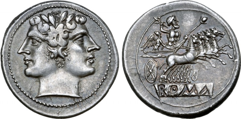 Anonymous AR Didrachm (Quadrigatus). Uncertain mint, 225-214 BC. Laureate head o...