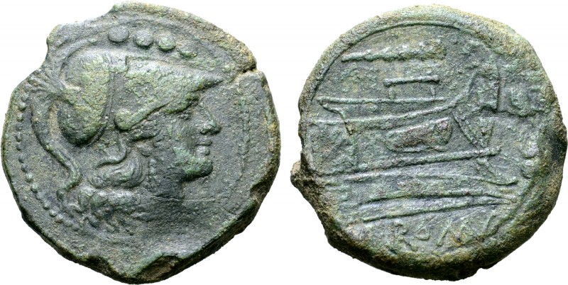 Club series Æ Triens. Mint in south east Italy, 208 BC. Helmeted head of Minerva...