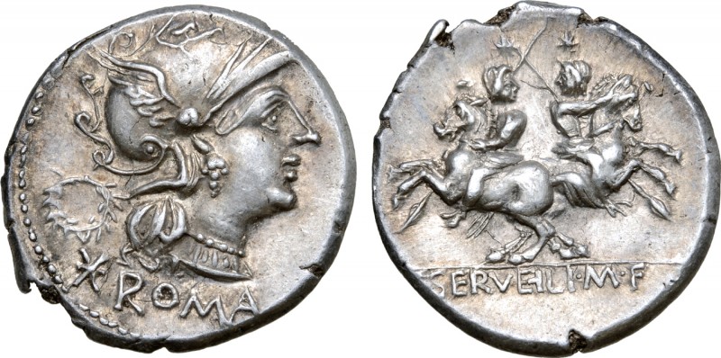 C. Servilius M. f. AR Denarius. Rome, 136 BC. Helmeted head of Roma right; wreat...