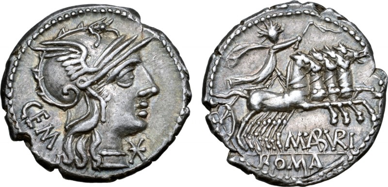 M. Aburius M. f. Geminus AR Denarius. Rome, 132 BC. Helmeted head of Roma right;...