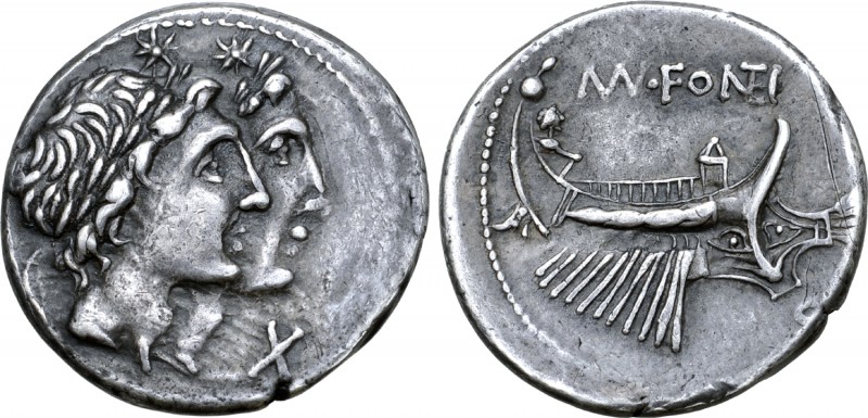 Mn. Fonteius AR Denarius. Rome, 108-107 BC. Laureate and jugate heads of the Dio...