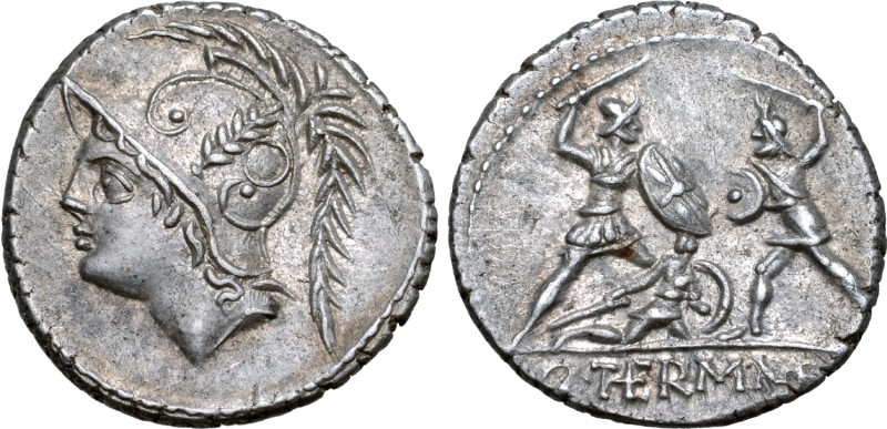 Q. Minucius Thermus M. f. AR Denarius. Rome, 103 BC. Helmeted head of Mars left ...