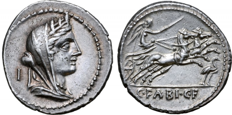 C. Fabius C. f. Hadrianus AR Denarius. Rome, 102 BC. Veiled and turreted bust of...