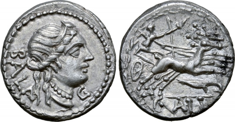 C. Allius Bala AR Denarius. Rome, 92 BC. Diademed female head right; BALA behind...