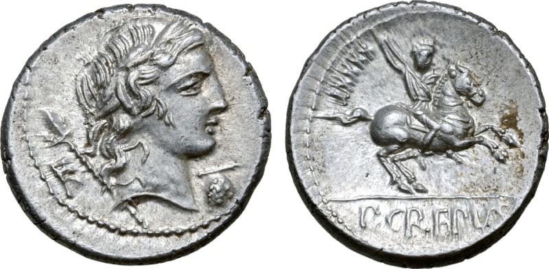 P. Crepusius AR Denarius. Rome, 82 BC. Laureate head of Apollo right; sceptre an...